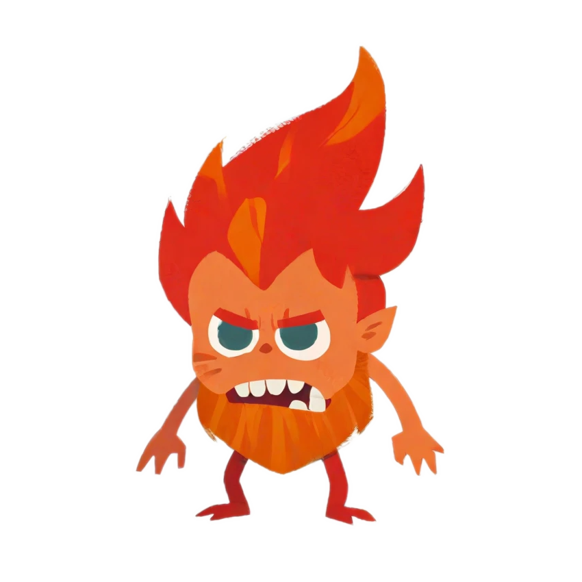 Angry, a red flame character with furrowed brows