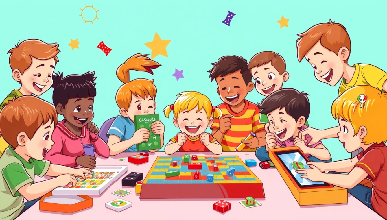 Young school-age children playing board games and interactive digital games