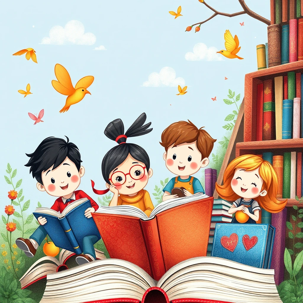 Colorful storybooks with cartoon characters