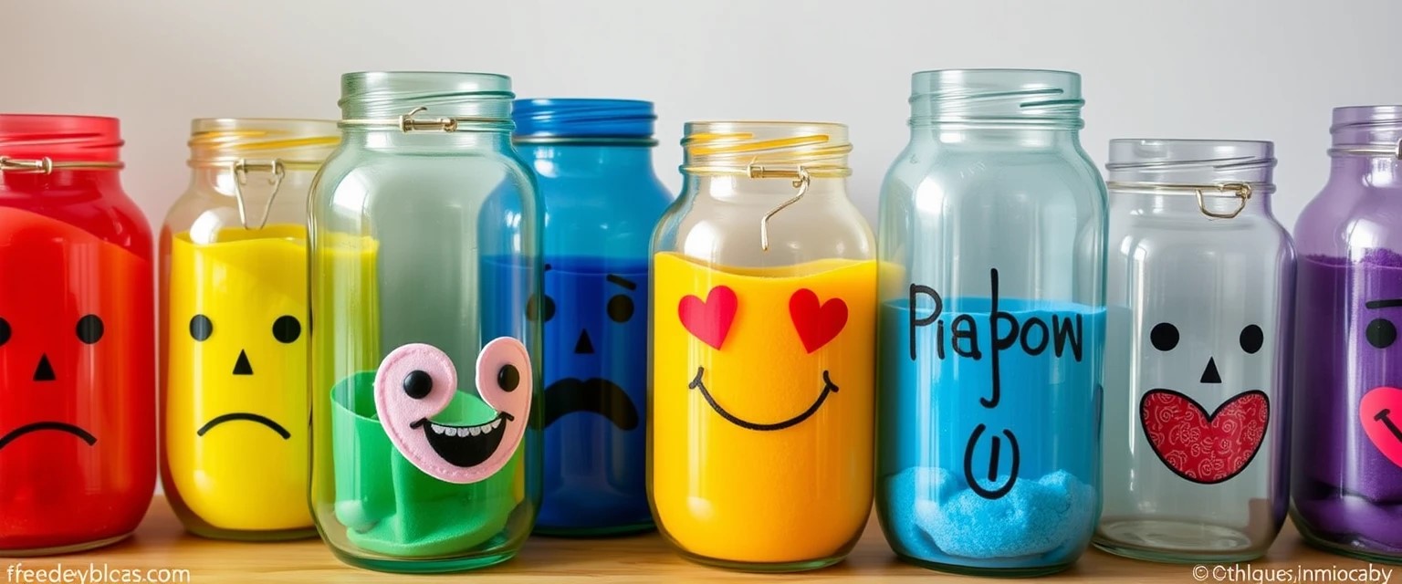 Colorful jars filled with different materials representing emotions