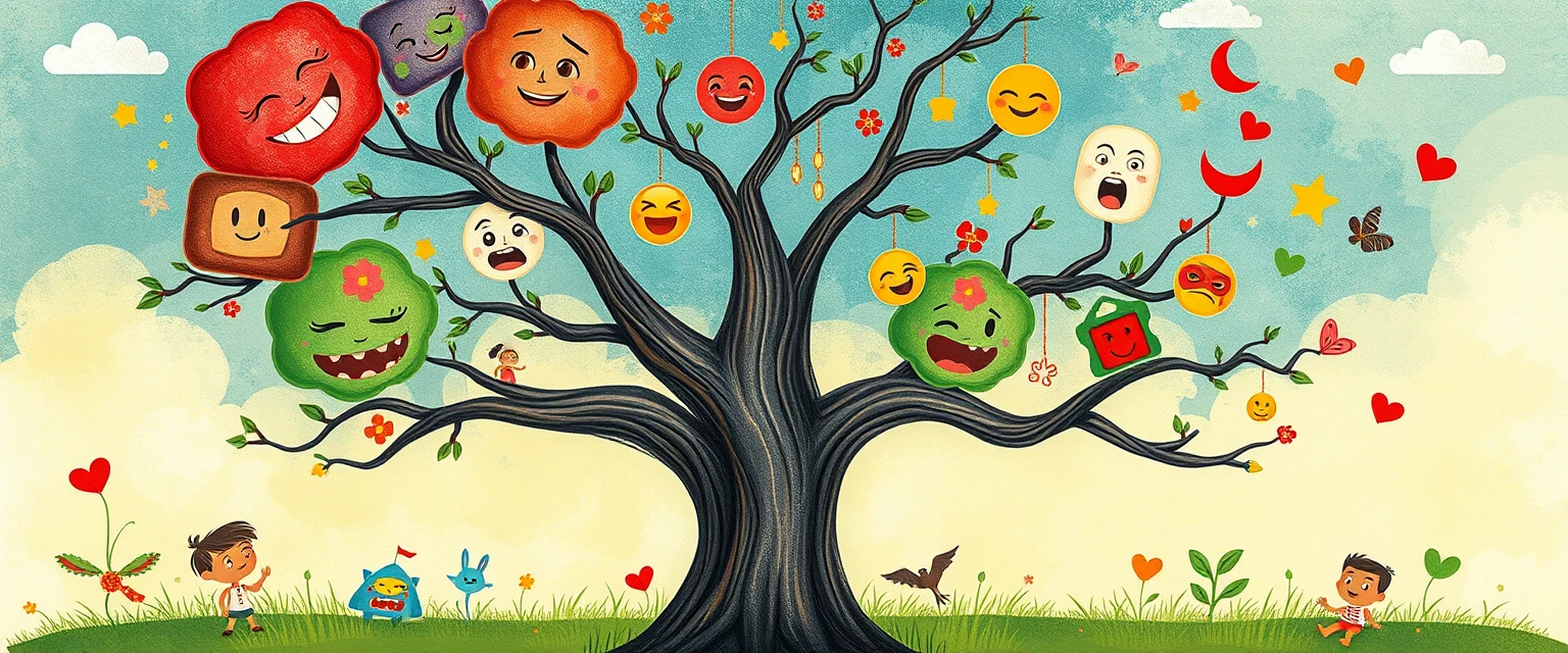 Cartoon illustration of a tree with different colored leaves, each representing various emotions, set against a pastel background