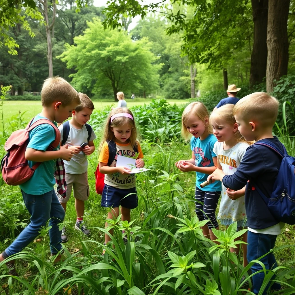 Children on a scavenger hunt in a park