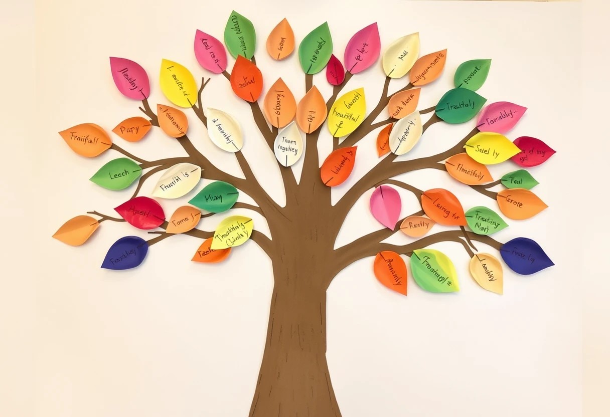 A handmade tree with colorful leaves containing gratitude messages