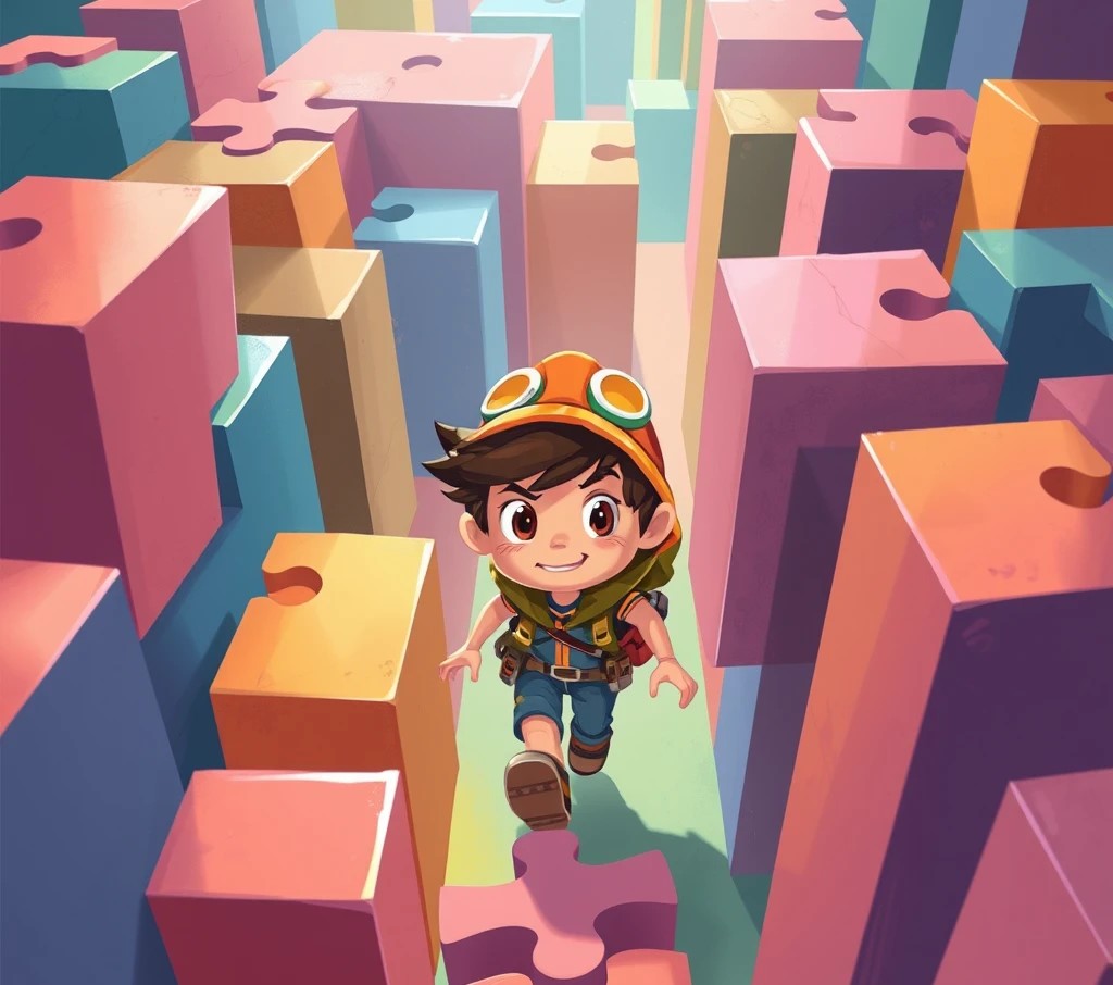 A cartoon child solving puzzles on a quest