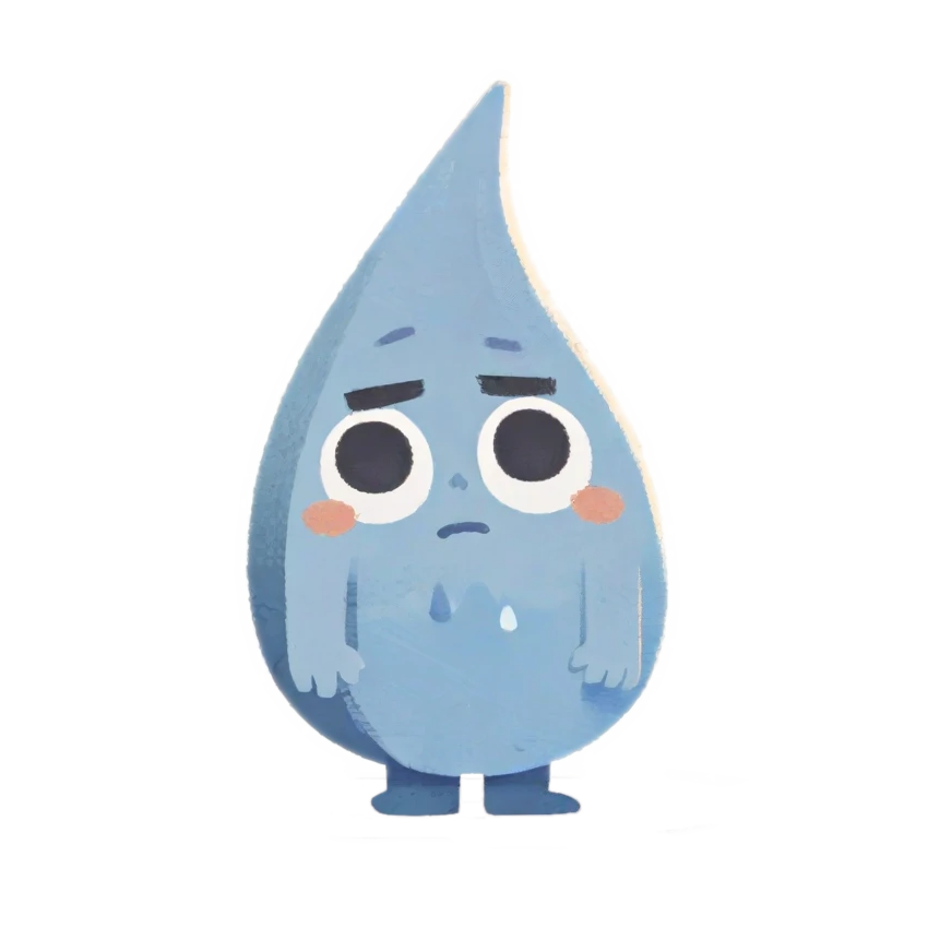 Sad, a blue raindrop character with a tear