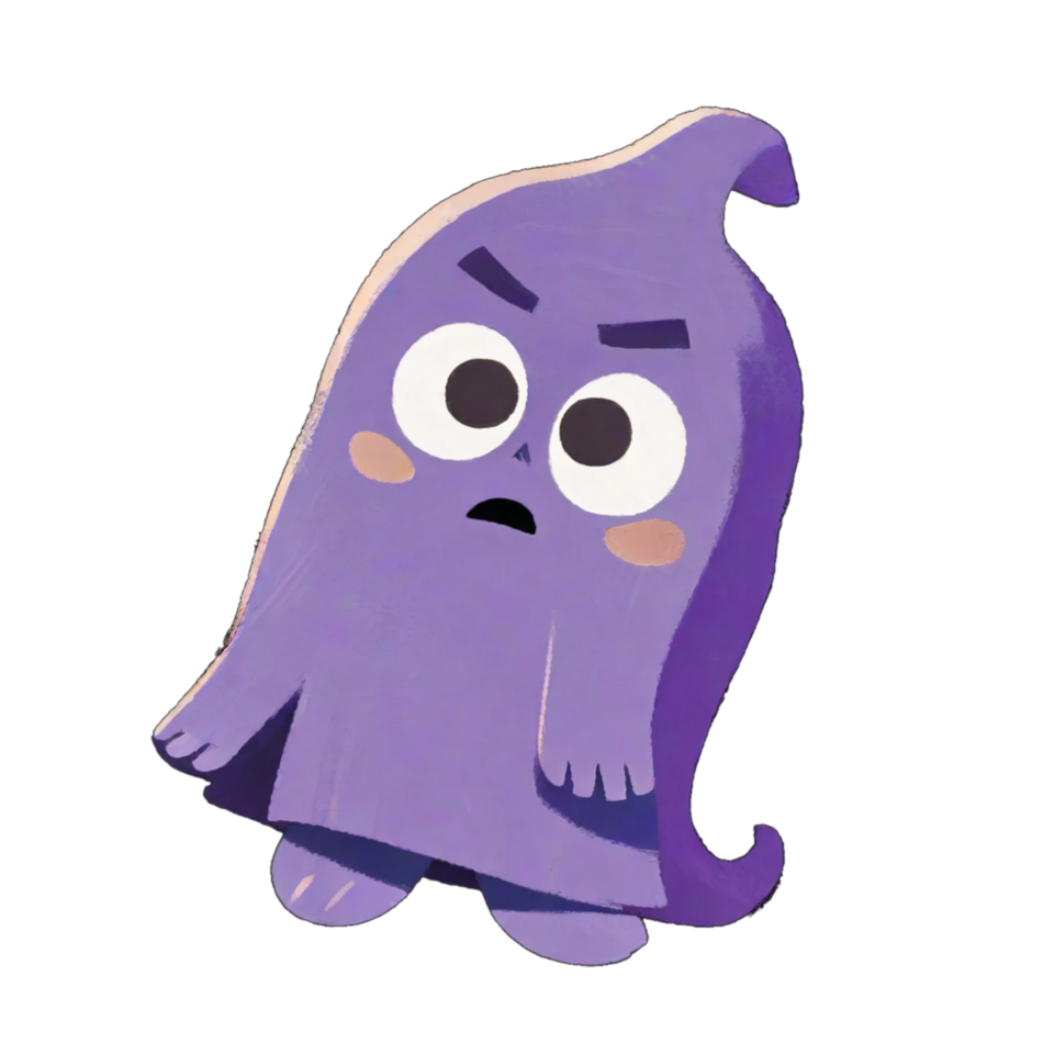 Scared, a purple ghost character with wide eyes