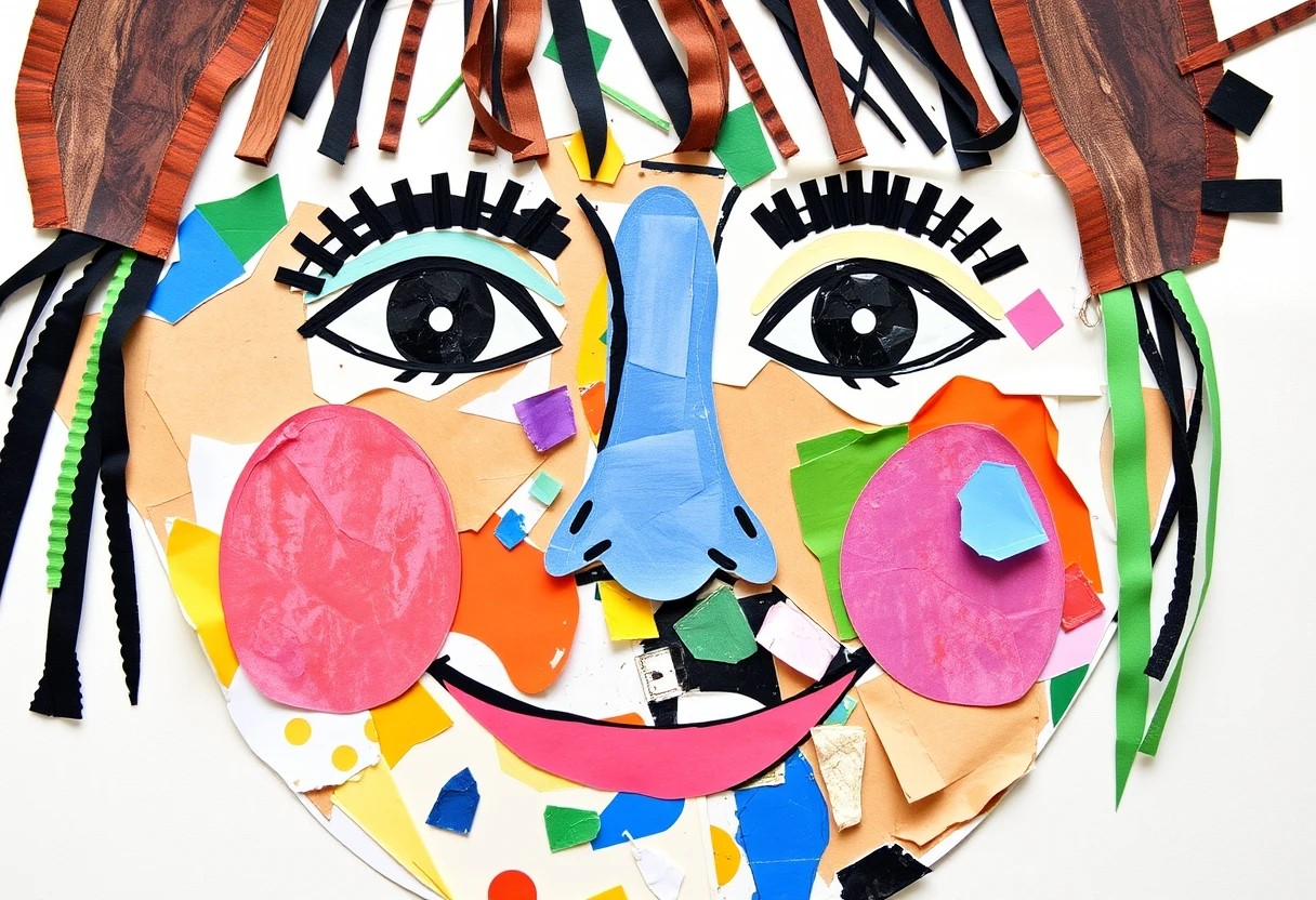 A colorful self-portrait collage of a school-age child's face made from various craft materials